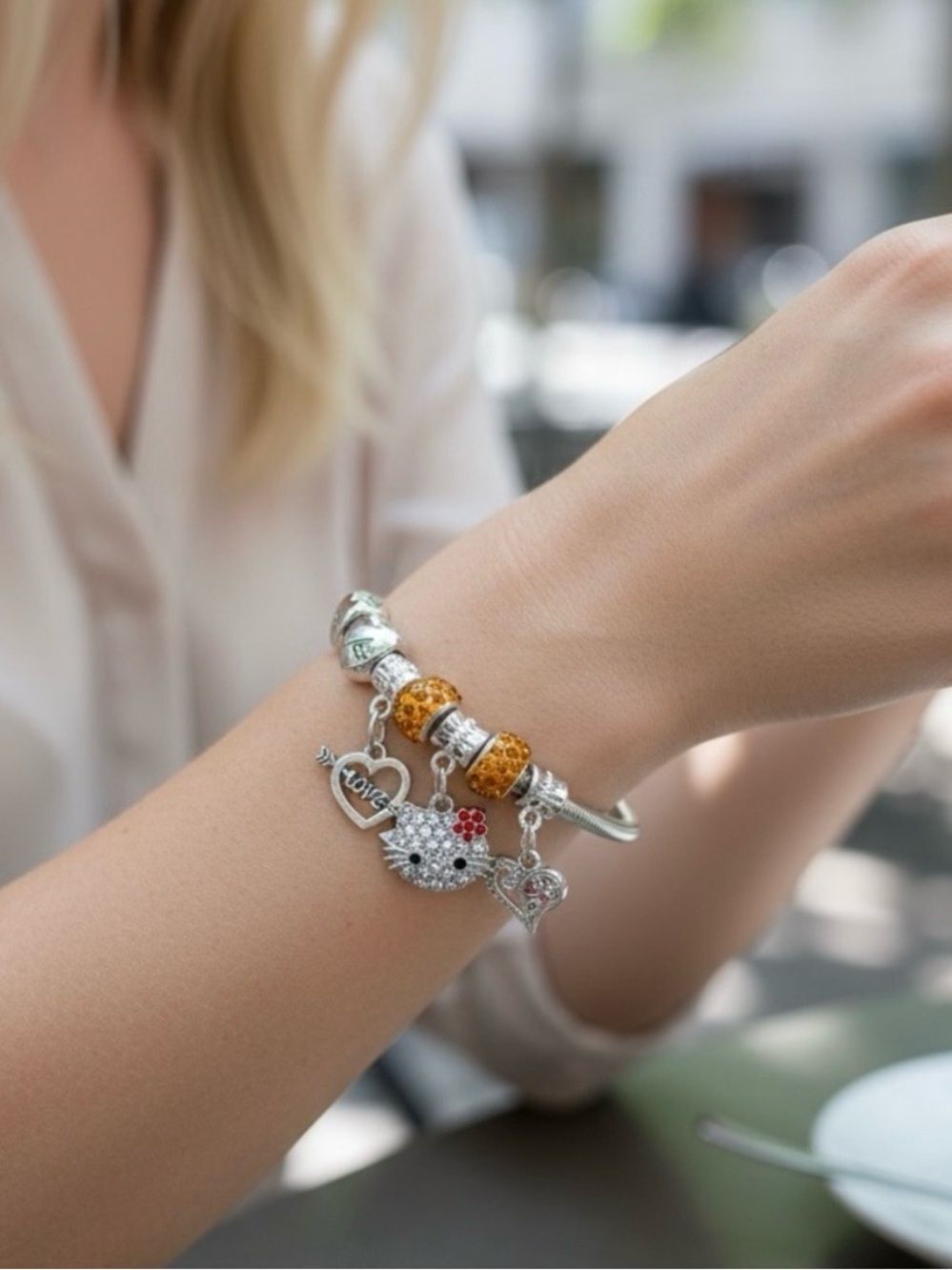 Silver Hello Kitty Stretch Charm Bracelet with Gold Accent